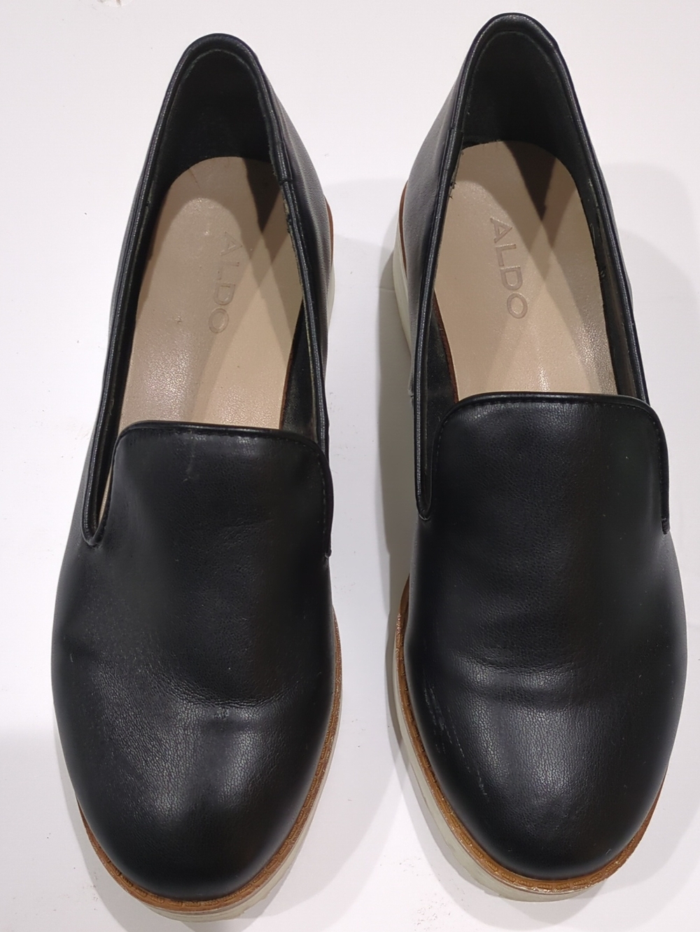 Aldo Black Leather Slip-On Loafers with Tan Sole Trim